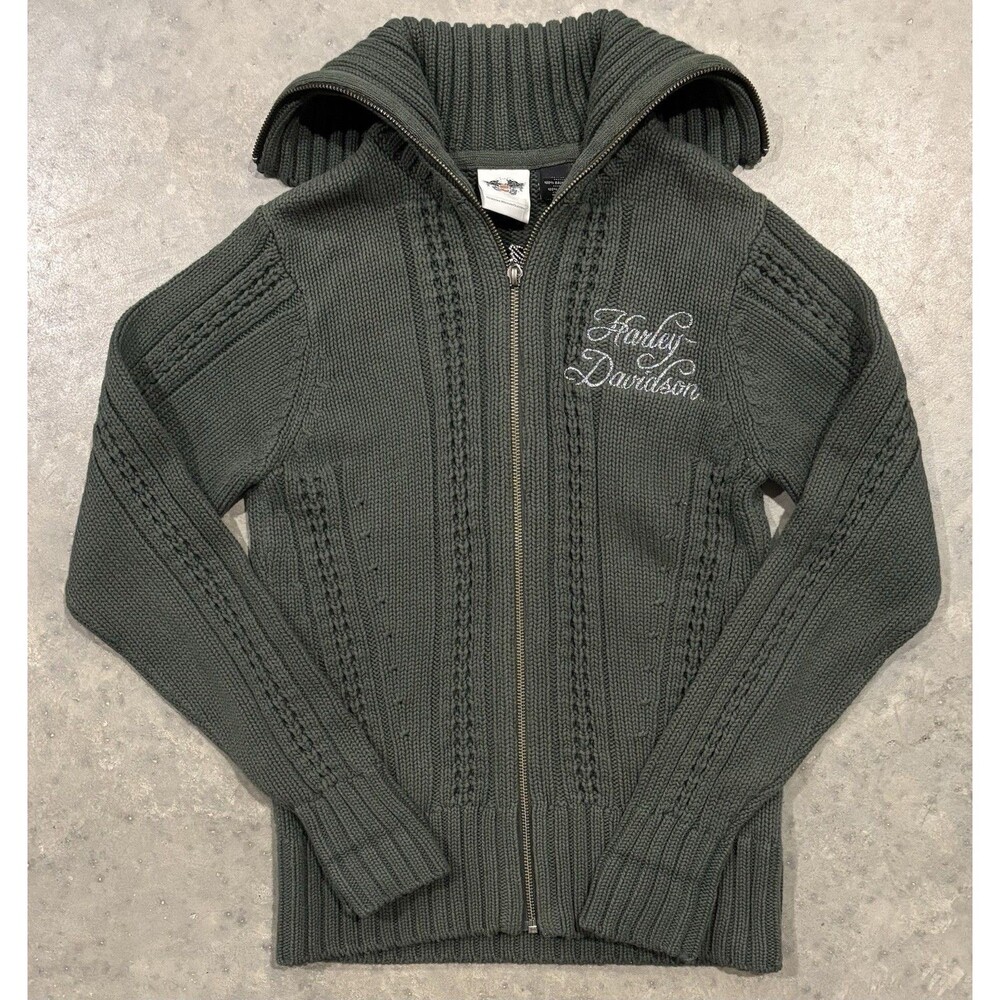 Harley Davidson Womens Small Cable Knit Full Zip Sweater Green Embroidered